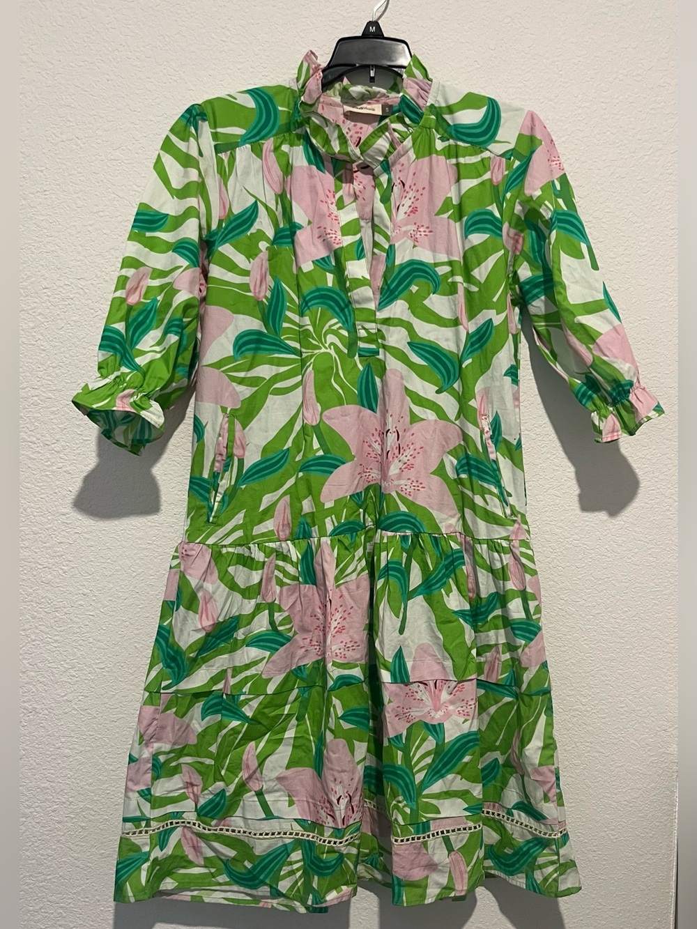 Maude Vivante Pink Lily Tiered Ruffled Midi Pockets Dress Size Small